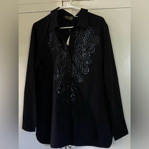 Bob Mackie Wearable Art Embroidered Sequin Shirt Womens Blue Button Down